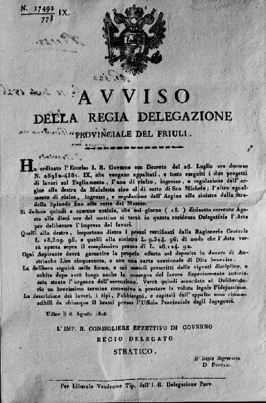 Avviso del 6 agosto 1826 per l'appalto di lavoro per il rialzo degli argini sul Tagliamento