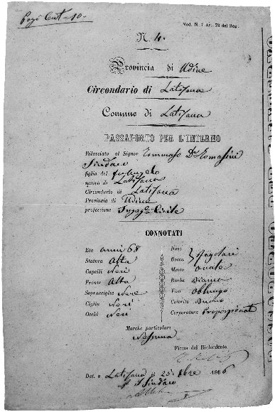 Passaporto italiano del primo sindaco di Latisana Tommaso Tommasini